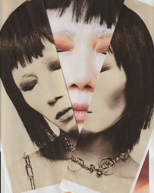 Collage of a woman's face in sepia tones with a fair-skinned triangle in the center and a silver ball-chain necklace.