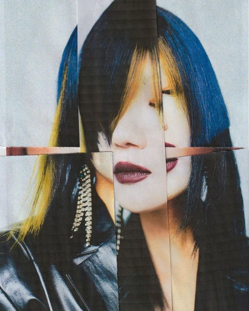 Collage-style portrait of a woman with dyed hair in black and blue, wearing a black jacket and silver earrings against a white background.