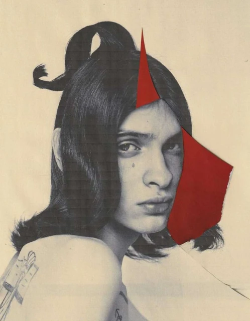 Collage of a person with black hair, red paper cutouts, and minimal makeup, creating a unique and artistic visual statement.