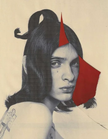 Collage of a person with black hair, red paper cutouts, and minimal makeup, creating a unique and artistic visual statement.