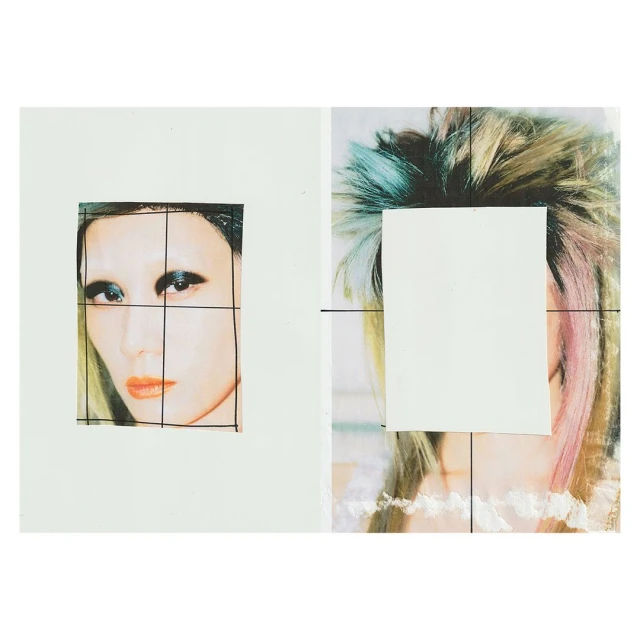 Creative portrait collage featuring two women with makeup and colorful hair, overlaid with graphic lines and white paper elements.