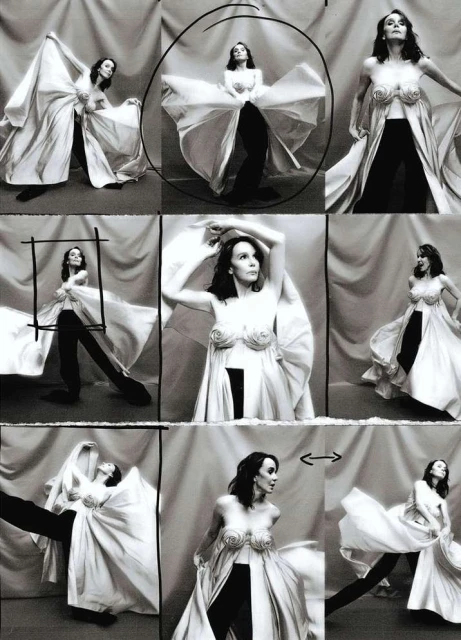 Black and white collage shows a woman in a light-colored gown with rose-shaped details on the chest and dark pants striking various poses.