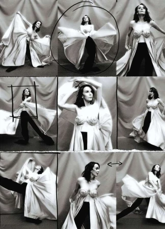 Black and white collage shows a woman in a light-colored gown with rose-shaped details on the chest and dark pants striking various poses.