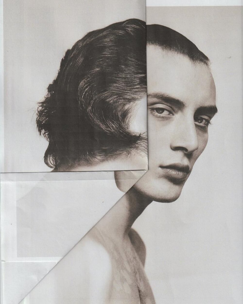 Collage portrait of a person featuring pieces of monochrome photographs with head and upper body on a white background.