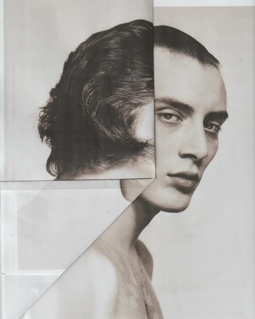 Collage portrait of a person featuring pieces of monochrome photographs with head and upper body on a white background.