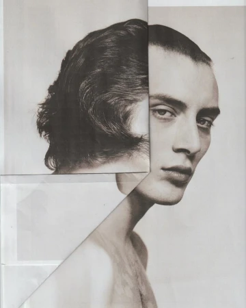 Collage portrait of a person featuring pieces of monochrome photographs with head and upper body on a white background.