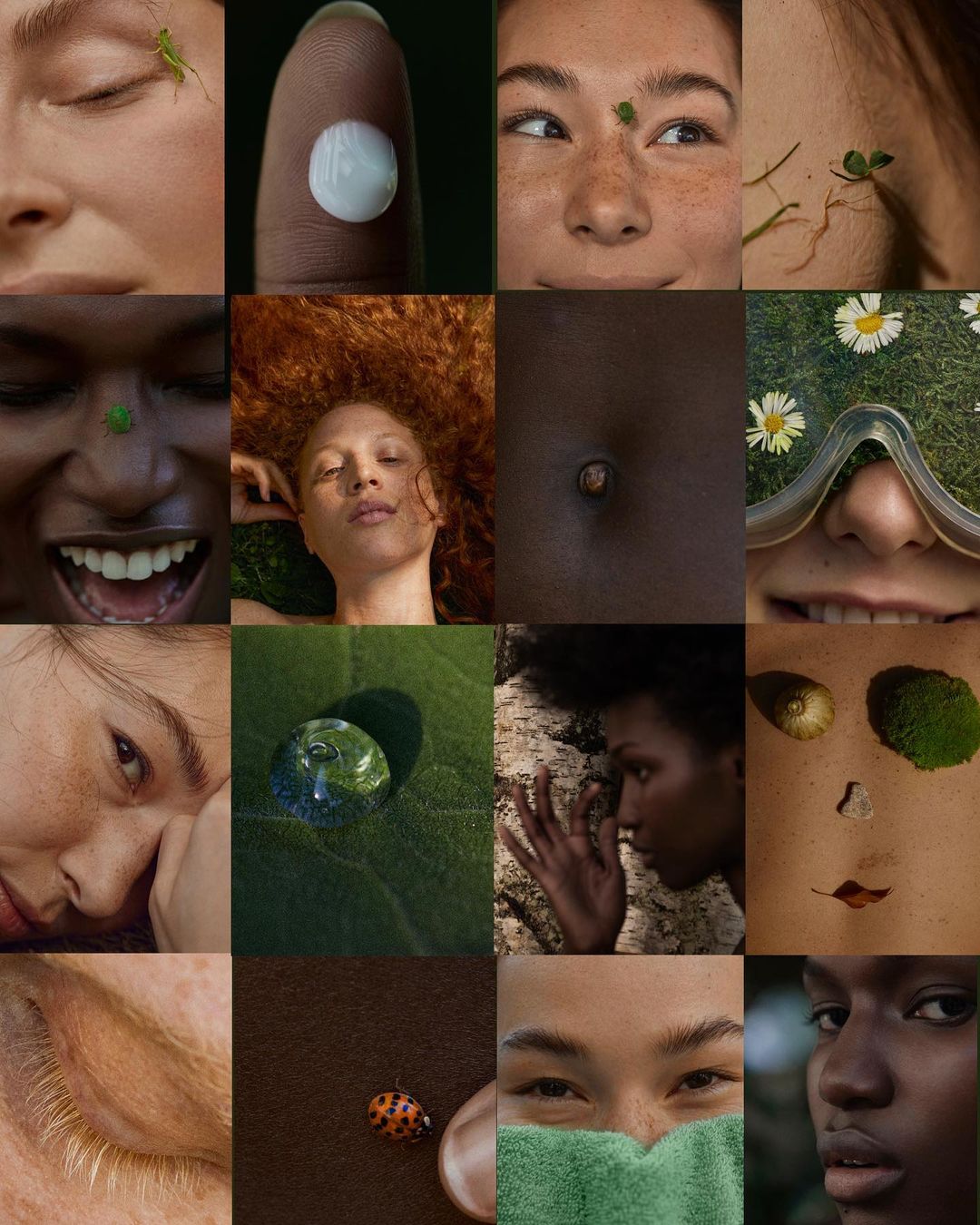 Collage featuring close-up details of diverse human faces and natural elements like leaves, ladybug, and water droplets.
