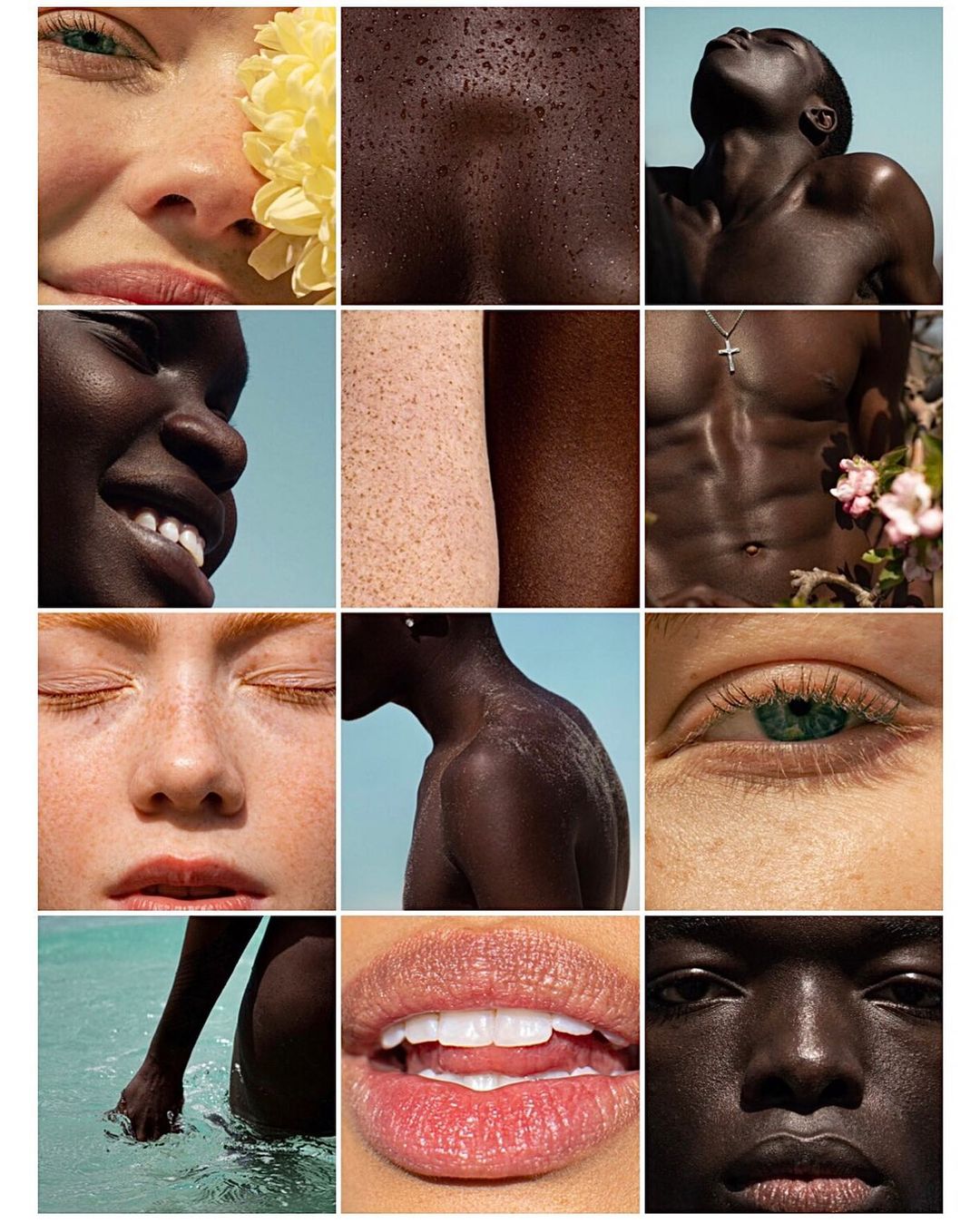 Grid of close-up portraits: diverse skin tones, facial features like eyes, lips, noses, showcasing beauty and skincare concepts.
