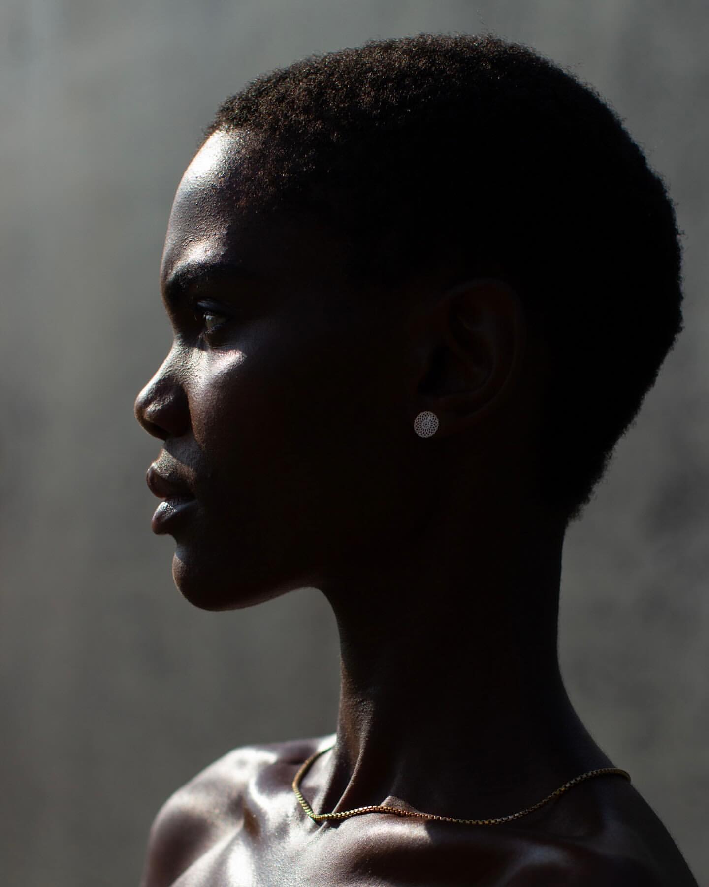 Profile portrait of a Black woman with short hair, wearing a gold chain necklace and small earrings, set against a blurry grey background.