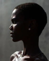 Profile portrait of a Black woman with short hair wearing a thin gold chain necklace against a textured grey background.