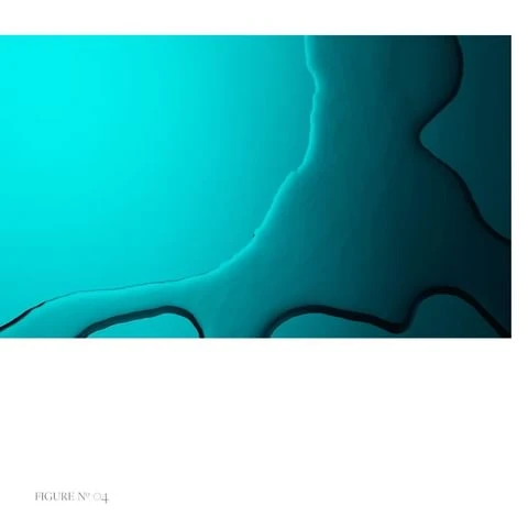 Abstract teal-colored image with wavy, organic shapes. The composition features a smooth gradient and dark borders around the shapes.