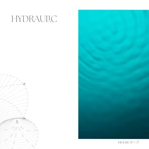 Conceptual image of water ripples and a geometric diagram in white and teal, evokes flow and design precision.
