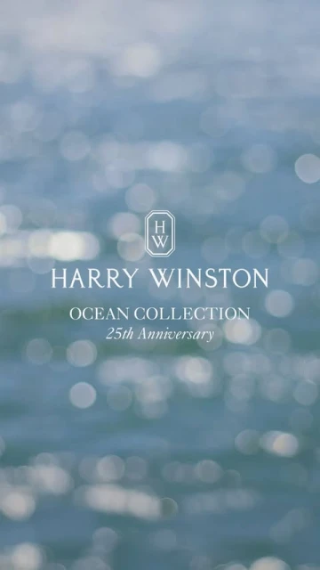 Harry Winston Ocean Collection 25th Anniversary ad featuring a blurred blue ocean background with bokeh effect and logo and text.