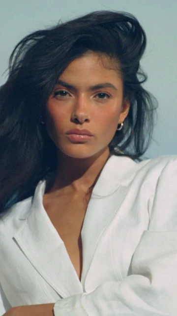 Brunette woman in white blazer poses against a light blue background in a beauty shot with soft lighting, and a shallow depth of field.