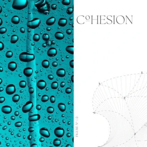 Abstract macro image featuring water droplets on a teal surface, complemented by geometric design elements and the word 'Cohesion'.