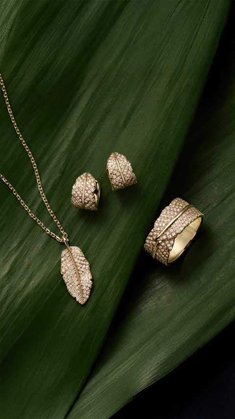 Elegant jewelry set featuring a necklace, ring, and earrings with a feather motif displayed on a rich green leaf background.