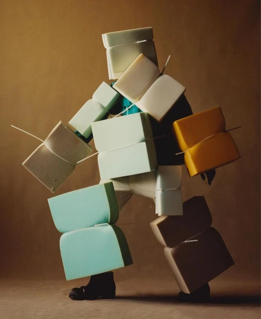 Person in a full body suit made of foam blocks in white, yellow, and turquoise in a studio with tan background. Conceptual fashion.