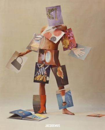 Creative fashion photograph of a person formed of magazine images and collages, posed in a studio with bright lighting and a tan background.