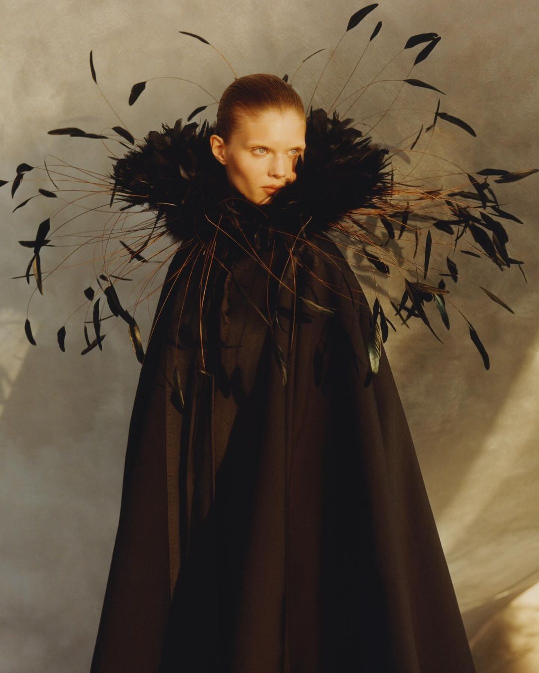 A woman in a black cape and a large feathered collar, captured in a soft, elegant light against a muted background. Fashion editorial.