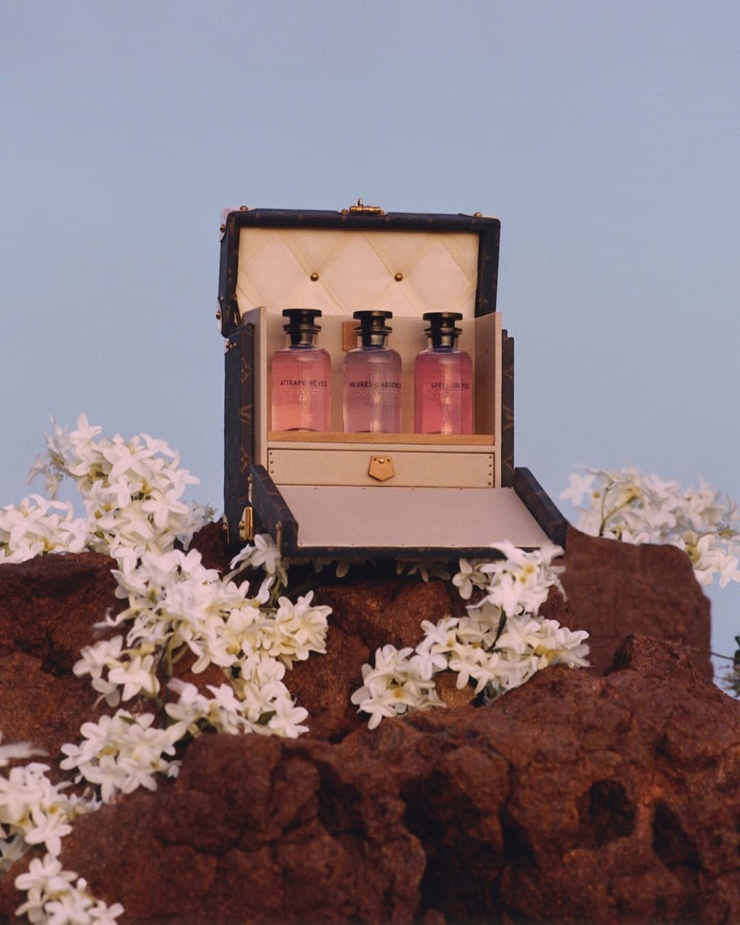 Three perfume bottles displayed in a dark leather case on a rock covered with white flowers, set against a clear blue sky.