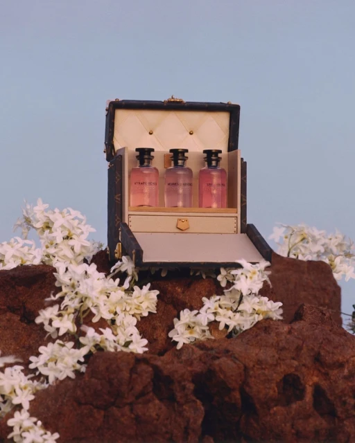 Three perfume bottles displayed in a dark leather case on a rock covered with white flowers, set against a clear blue sky.