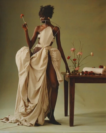 Fashion shot of a Black woman in an avant-garde dress holding a flower, posed next to a table with floral arrangement against a neutral backdrop.