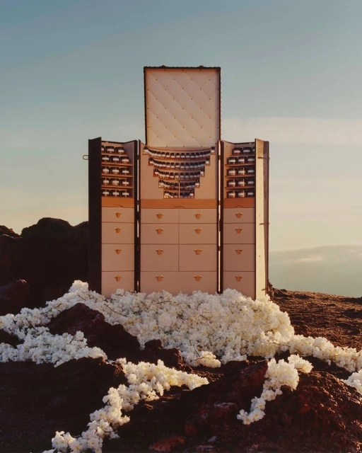 Tall wooden dresser with drawers and compartments on a hill, juxtaposed against a light blue sky, creating a surreal outdoor scene.