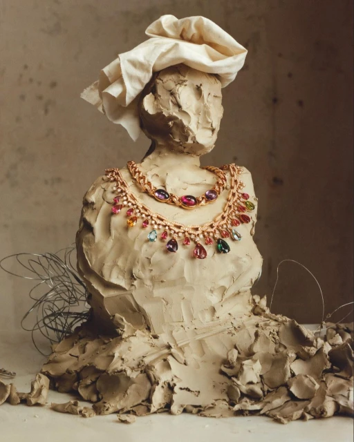 Clay bust sculpture with jewelry necklace and draped cloth, studio-lit against a neutral backdrop for a fine art editorial shot.