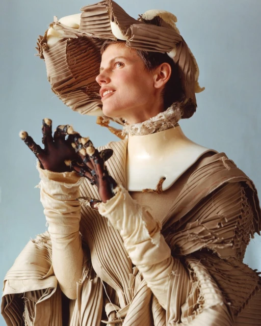 Woman in an elaborate beige costume with a pleated hat poses against a light blue backdrop, showcasing creative fashion and design elements.