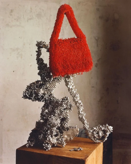 Still life photograph of a bright red, fuzzy purse draped on top of a modern silver art sculpture on a wooden plinth in a studio.