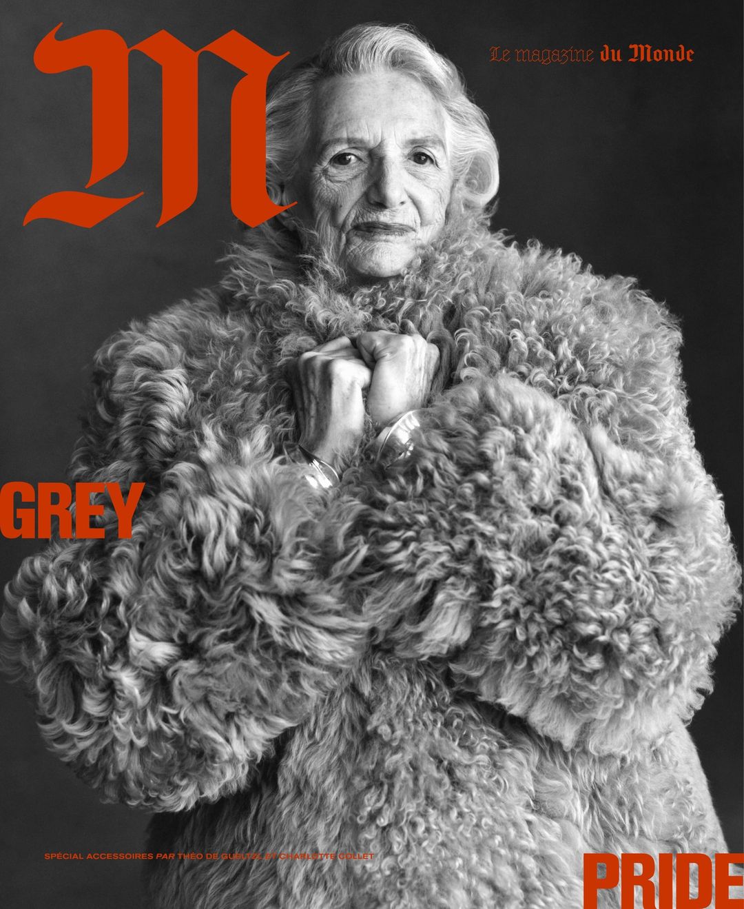 Magazine cover features older woman in a gray fur coat, set against a gray backdrop with prominent magazine logo and cover text.