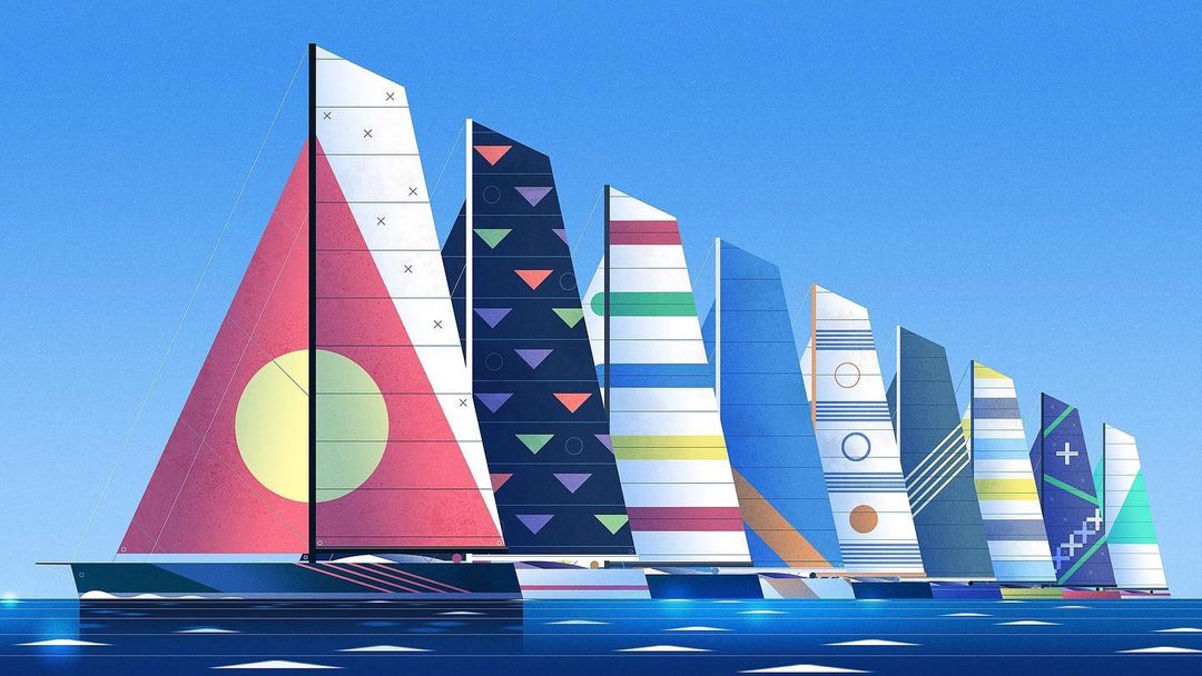 Illustration of multiple sailboats with colorful patterned sails in a staggered line against a blue sky and blue water backdrop.