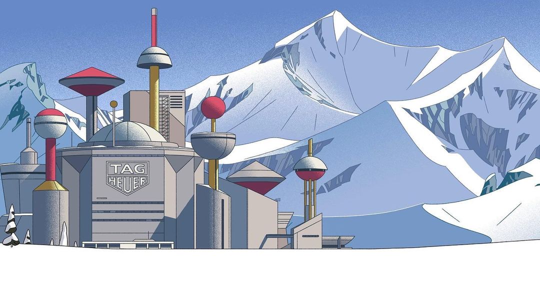 Illustration of a modern industrial facility with towers against a backdrop of snow-covered mountains under a blue sky on a bright day.