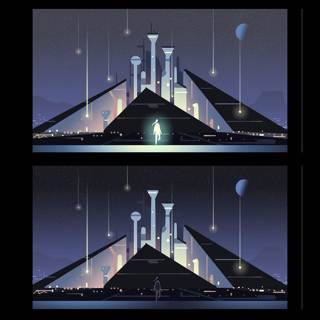 Illustration of a futuristic city with pyramid-shaped buildings, a central luminous figure, and a starry sky with celestial bodies.
