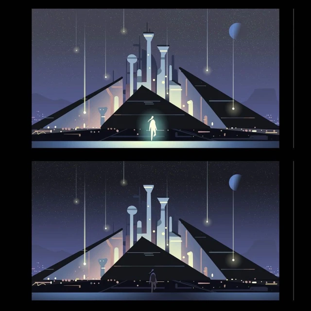 Illustration of a futuristic city with pyramid-shaped buildings, a central luminous figure, and a starry sky with celestial bodies.