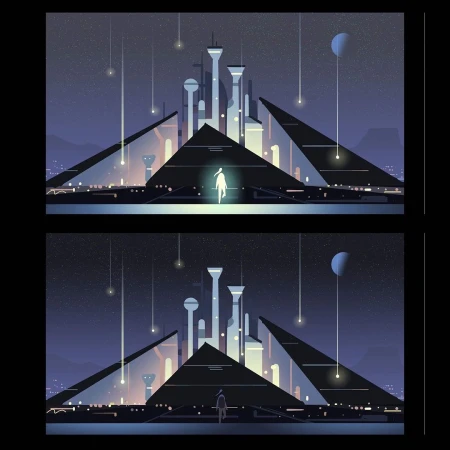 Illustration of a futuristic city with pyramid-shaped buildings, a central luminous figure, and a starry sky with celestial bodies.