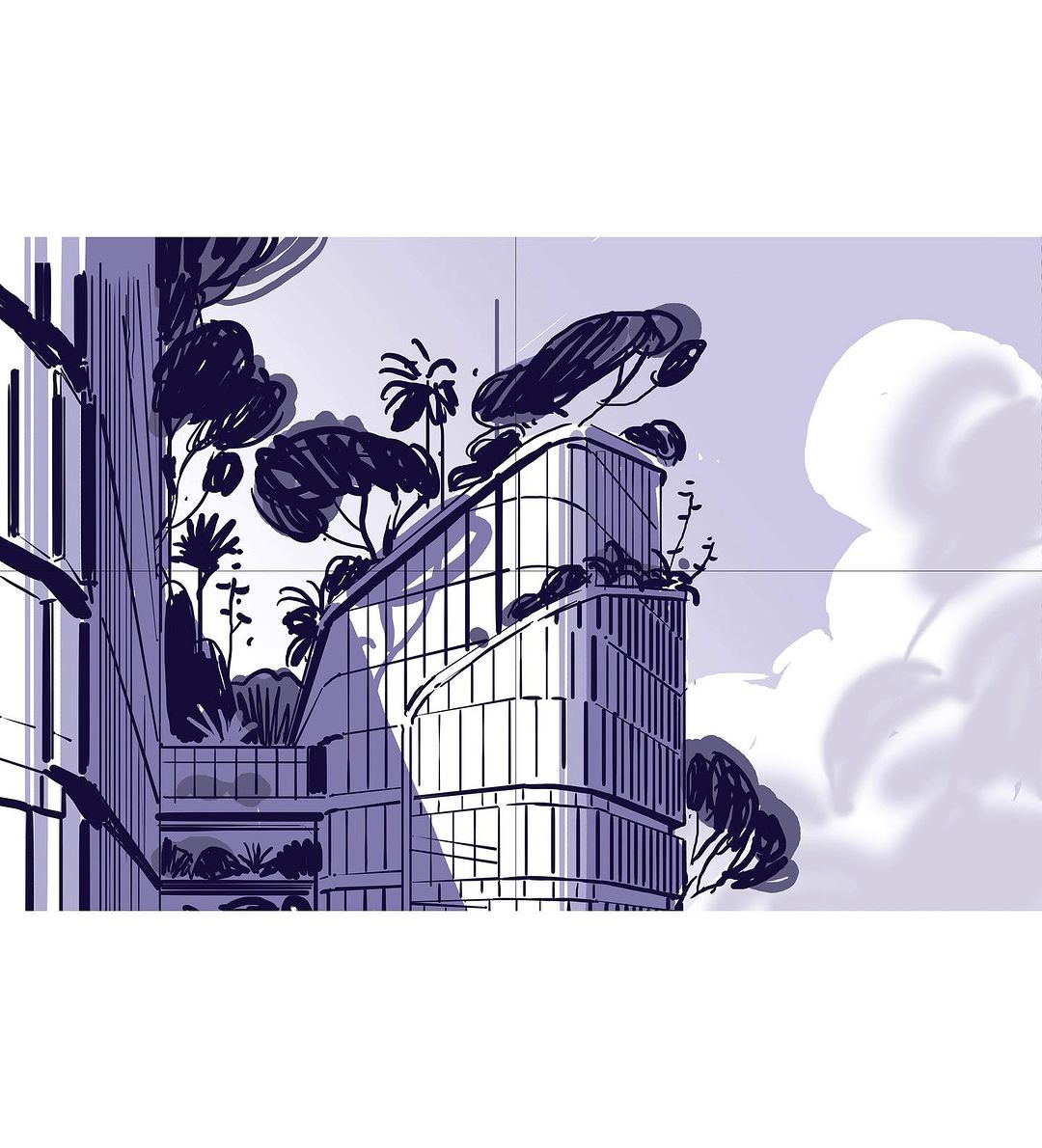 Illustration of a modern architectural building with green plants, set against a pale purple sky and white clouds, with line-art style.