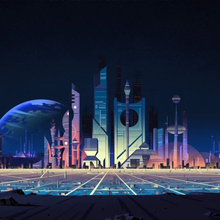 Futuristic city skyline illustration with tall geometric buildings under a dark sky with a glowing planet, science-fiction aesthetic.