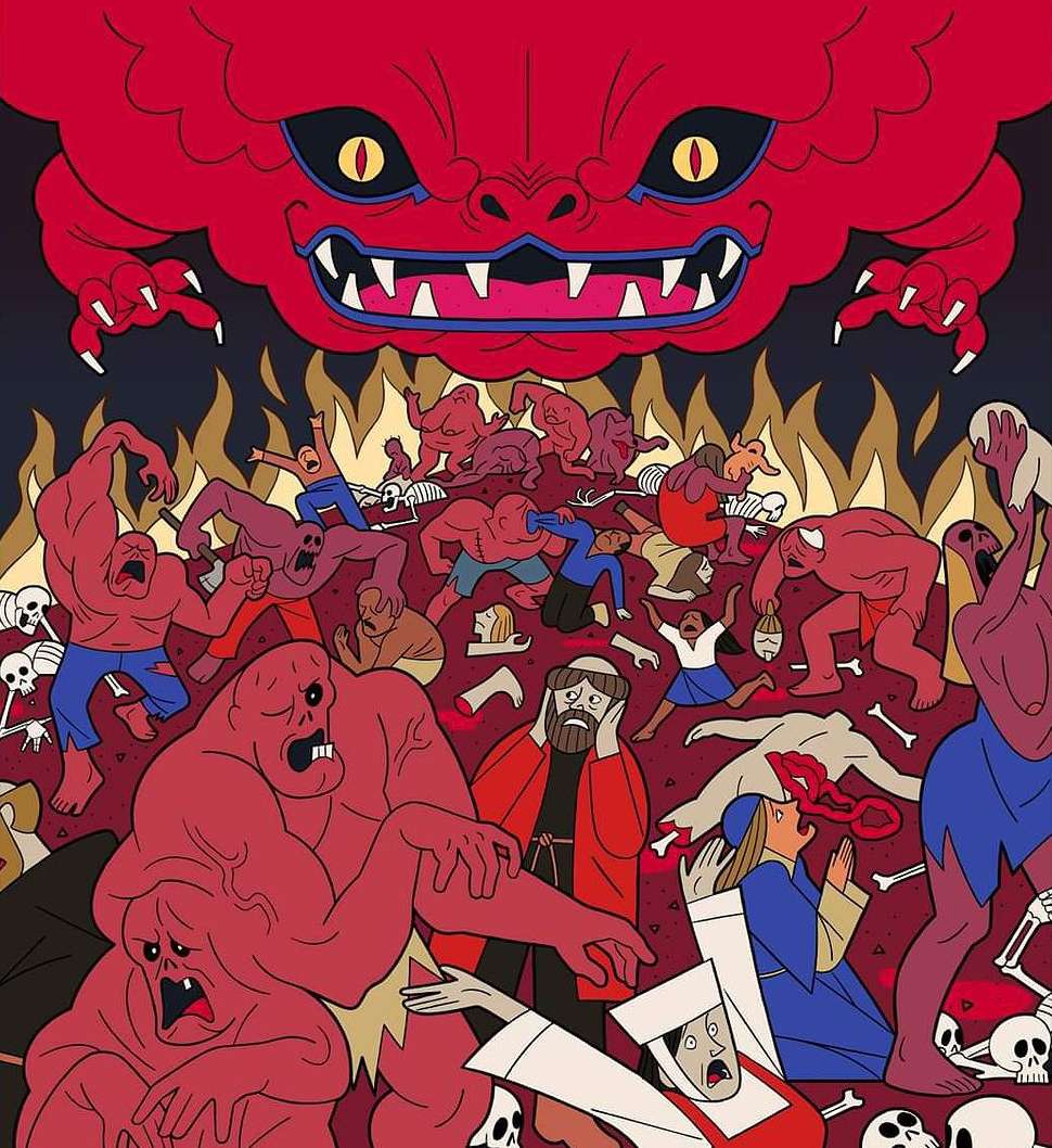 Illustration of a large red monster looming over a fiery scene with distressed figures and skeletons, depicted in a cartoon style.