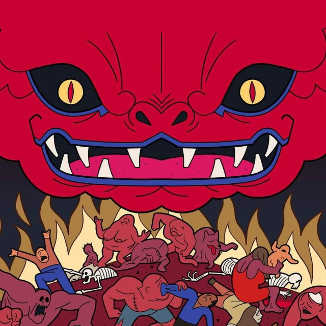 Illustration of a red devil looming over a group of people in a fiery, cartoonish hellscape with skeleton remains, dark background.