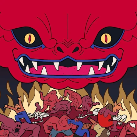 Illustration of a red devil looming over a group of people in a fiery, cartoonish hellscape with skeleton remains, dark background.