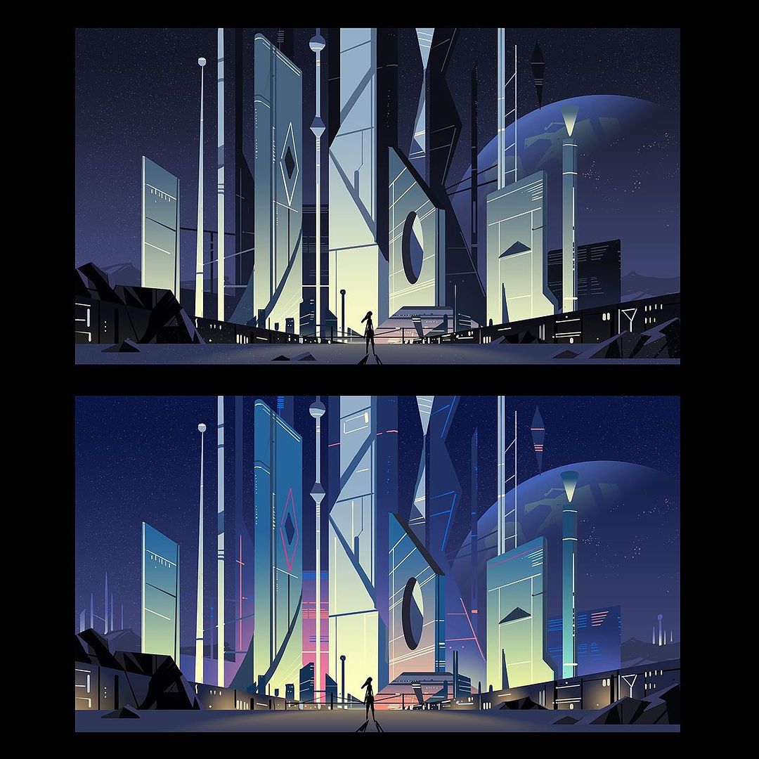 Futuristic city illustration with tall, geometric buildings, a silhouetted figure in the foreground, and a distant planet in the sky.