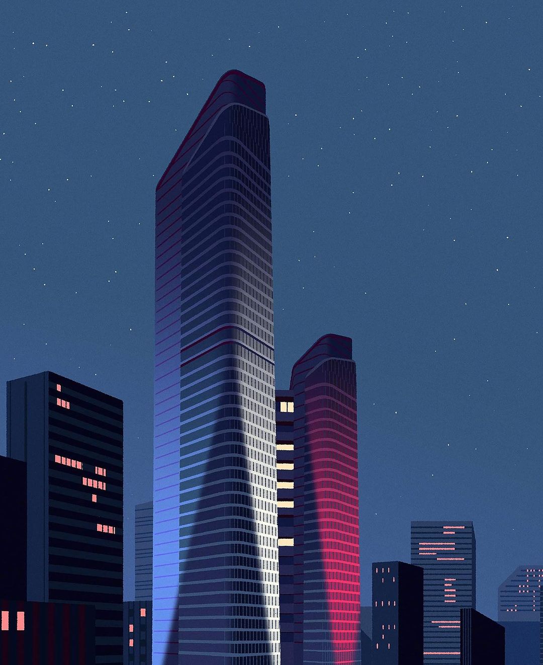 Digital illustration of a cityscape at dusk with illuminated skyscrapers under a starry sky, rendered in blue and pink hues.