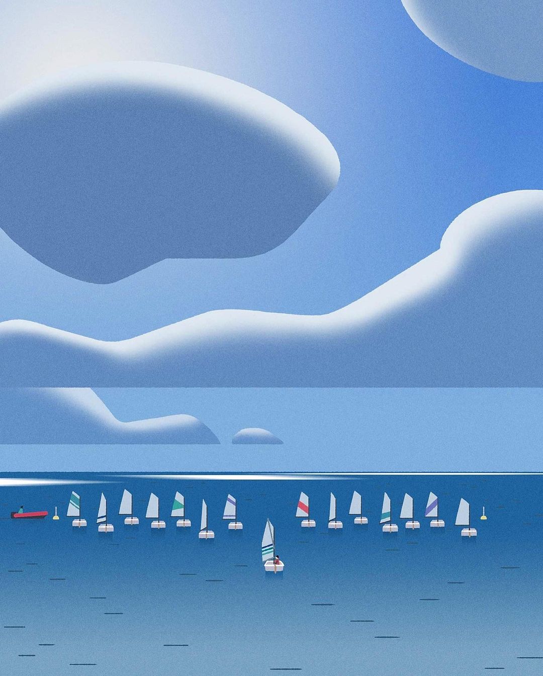 Illustration of a calm blue ocean with numerous sailboats and puffy white clouds in a bright blue sky, conveying a peaceful day.