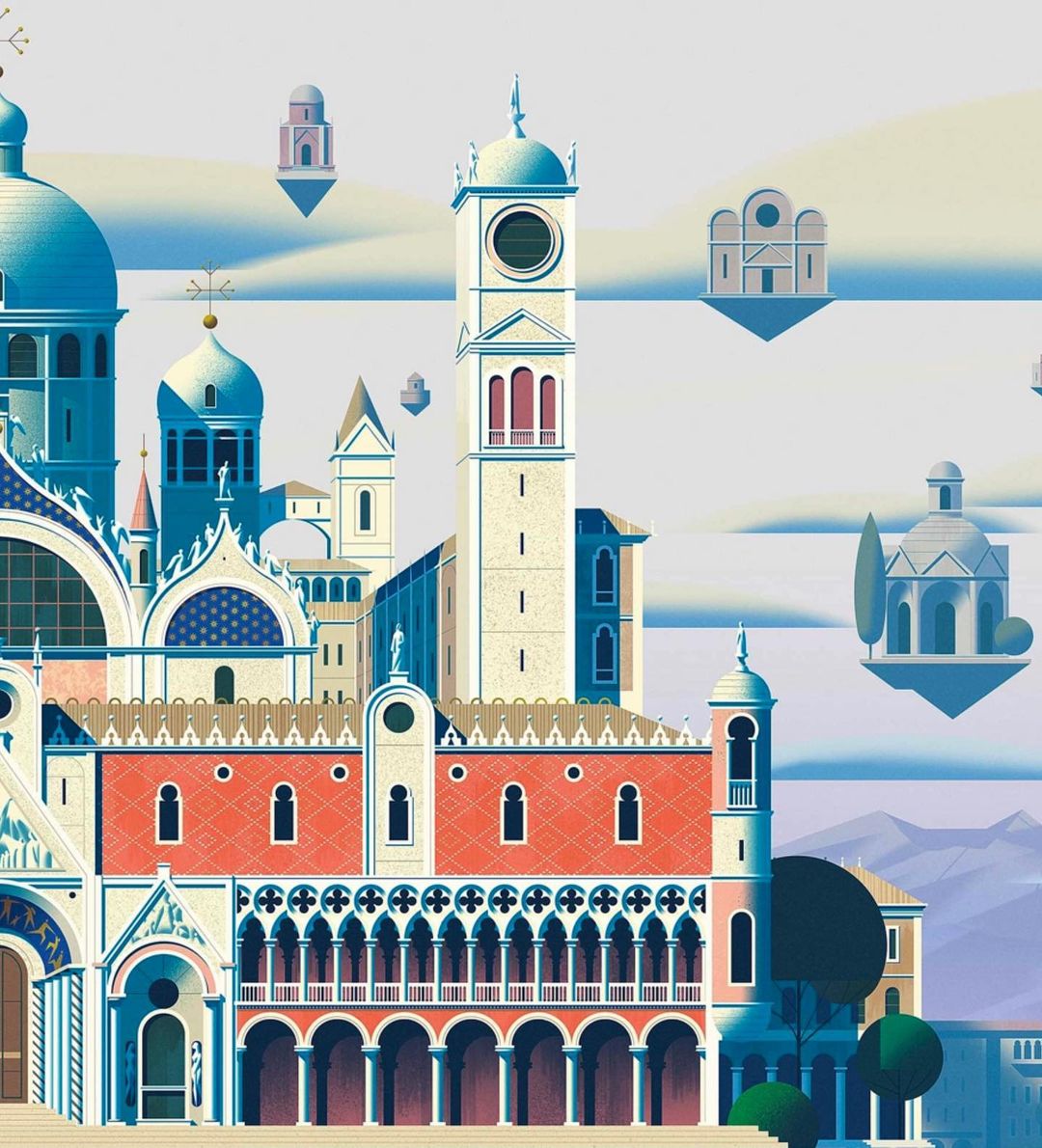 Illustration of Venice architecture with domes, towers, and arched buildings, in light blue, peach, and white tones, against a cloudy sky.