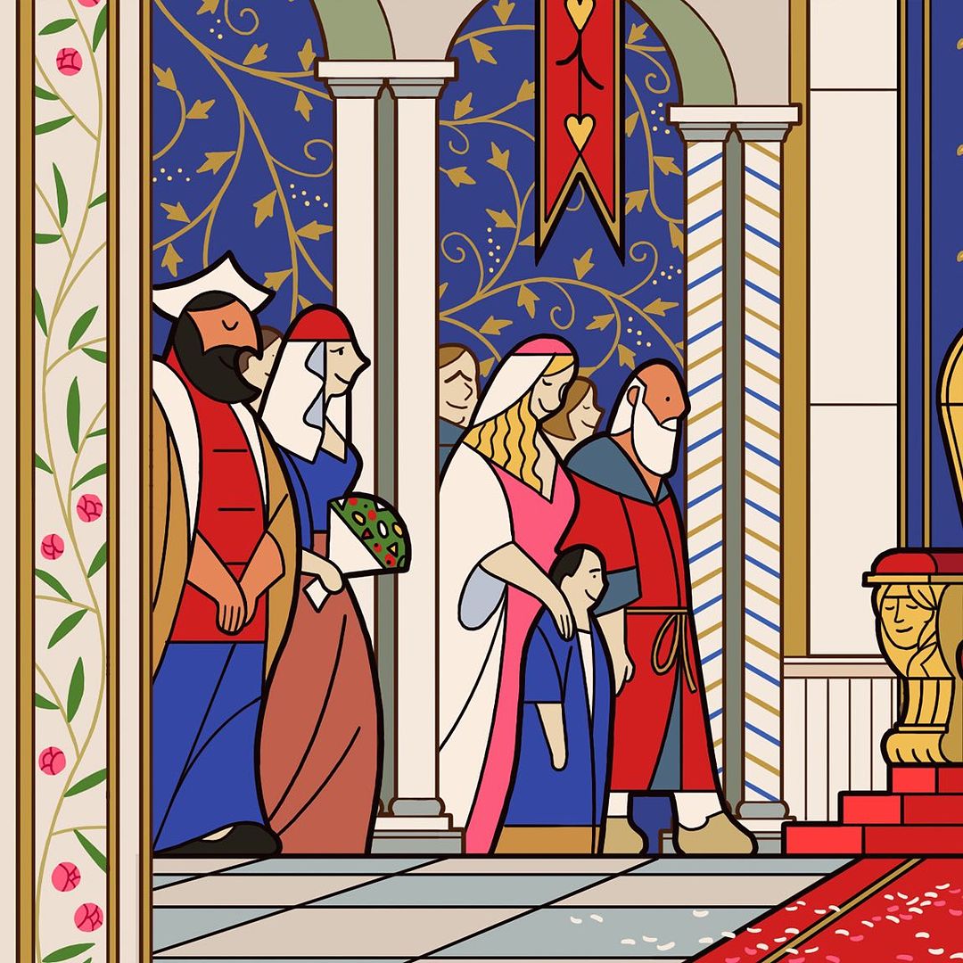 Illustrated wedding scene featuring a bride, groom, child, and several guests in a stylized, colorful interior with architectural details.
