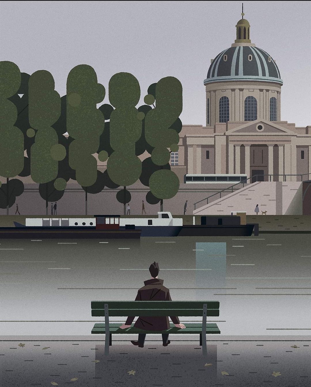 Illustration of a man sitting on a bench in a park by a river with a cityscape featuring a domed building in the background.