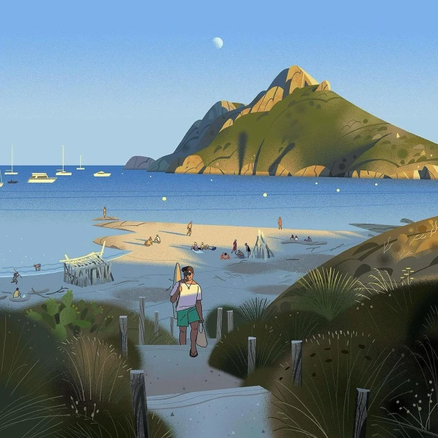Illustration of a man walking down steps toward a beach with people, boats, and a mountain in the background on a sunny day.