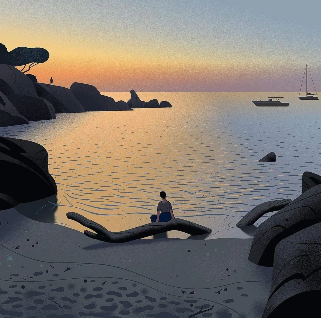 Illustration of a person sitting on driftwood on a sandy beach by calm ocean water with boats, under a colorful pastel sunset sky.