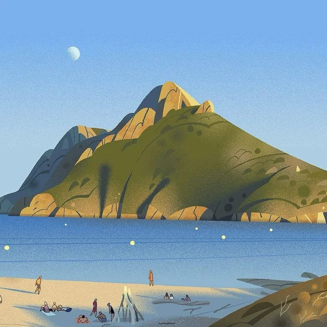Illustration of a beach scene with people relaxing by the shore, a mountain in the background, and a bonfire, all under a clear sky.